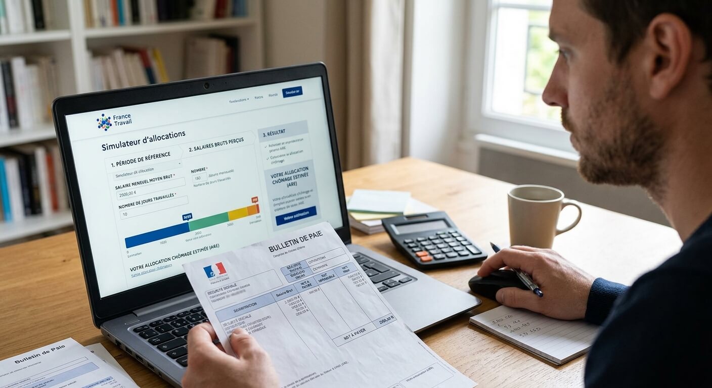 Simulation du calcul de l'allocation chômage ARE sur ordinateur avec bulletin de paie.