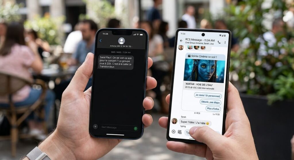 RCS vs SMS : comment la messagerie enrichie transforme la communication de marque 2 Comparatif côte à côte sur smartphone entre un SMS textuel simple et un message RCS enrichi et interactif.