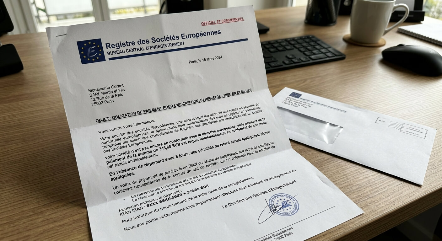 Courrier trompeur à en-tête pseudo-officielle du Registre des Sociétés Européennes demandant un paiement.