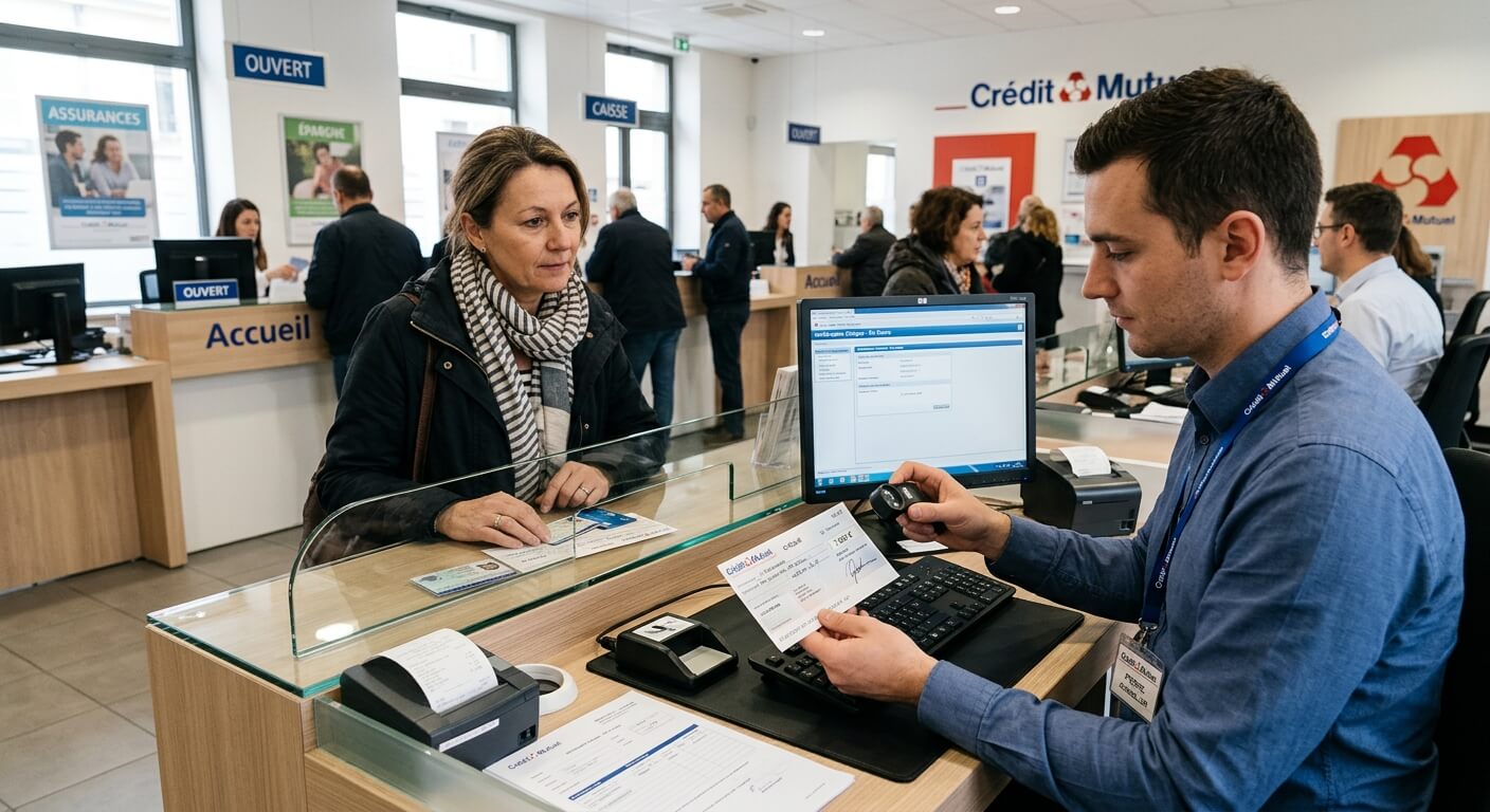 Vérification d'un chèque bancaire au guichet d'une agence bancaire.