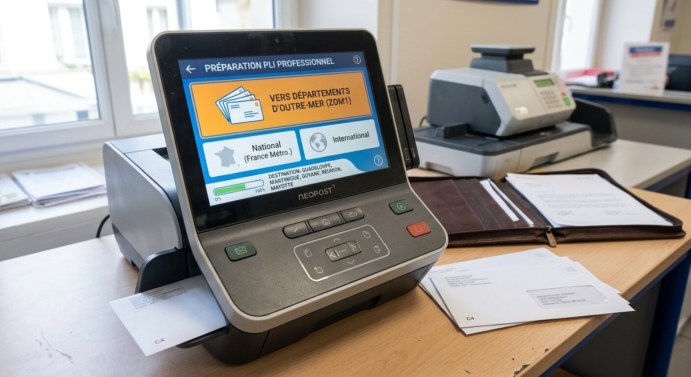 ZOM1 : la signification de ce code sur une machine à affranchir 4 Préparation d'un pli postal pour un envoi professionnel vers les départements d'outre-mer.
