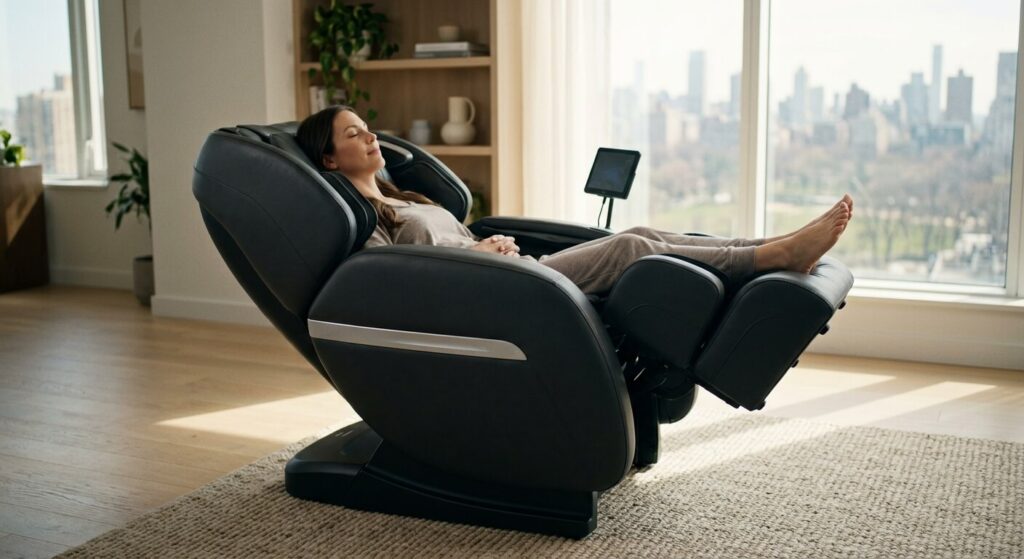 Fauteuil de massage en position zéro gravité pour une relaxation optimale du dos.