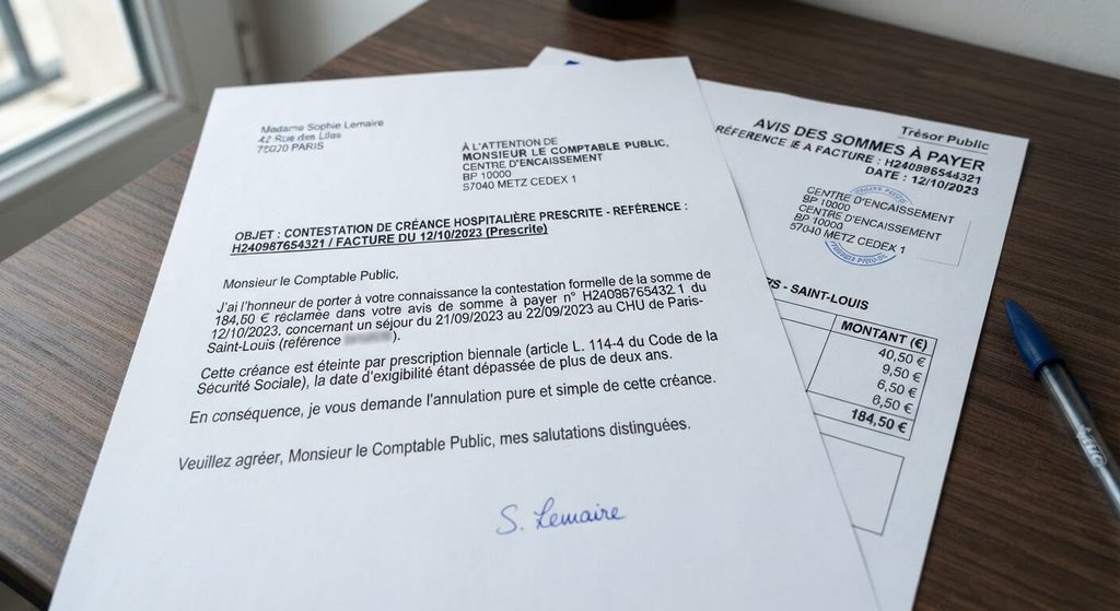 Rédaction d'un courrier de contestation pour créance hospitalière prescrite auprès du comptable public.