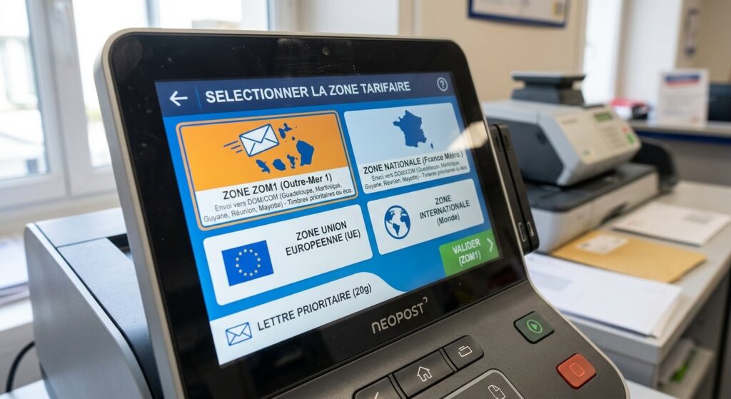ZOM1 : la signification de ce code sur une machine à affranchir 2 Écran de sélection des zones tarifaires sur une machine à affranchir postale avec option ZOM1.