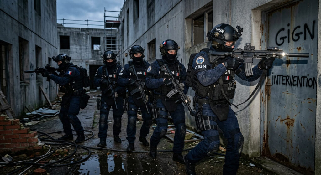Opérateurs du Groupe d'Intervention de la Gendarmerie Nationale en tenue d'assaut.