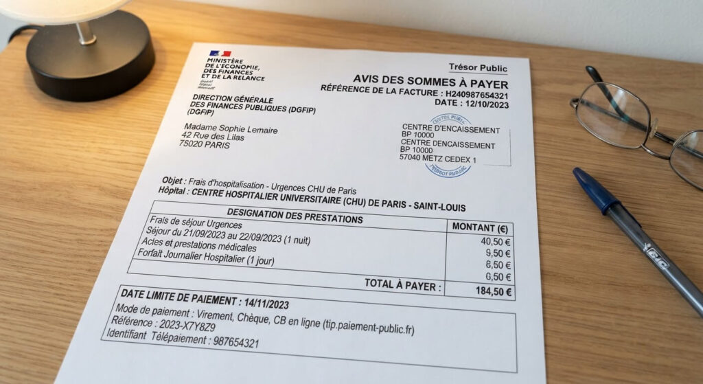 Avis des sommes à payer du Trésor public pour des frais d'hospitalisation ou de séjour aux urgences.