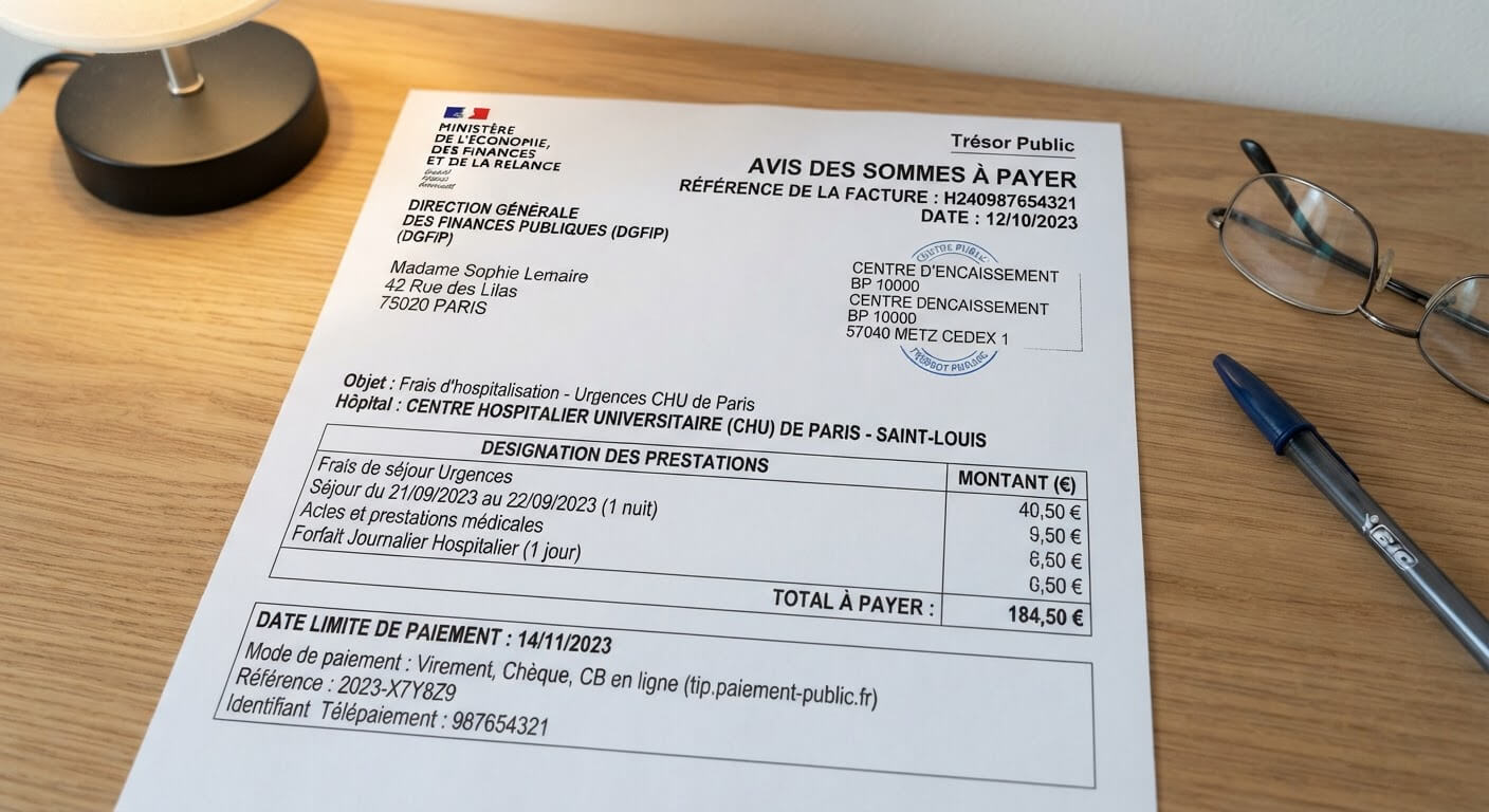 Avis des sommes à payer du Trésor public pour des frais d'hospitalisation ou de séjour aux urgences.