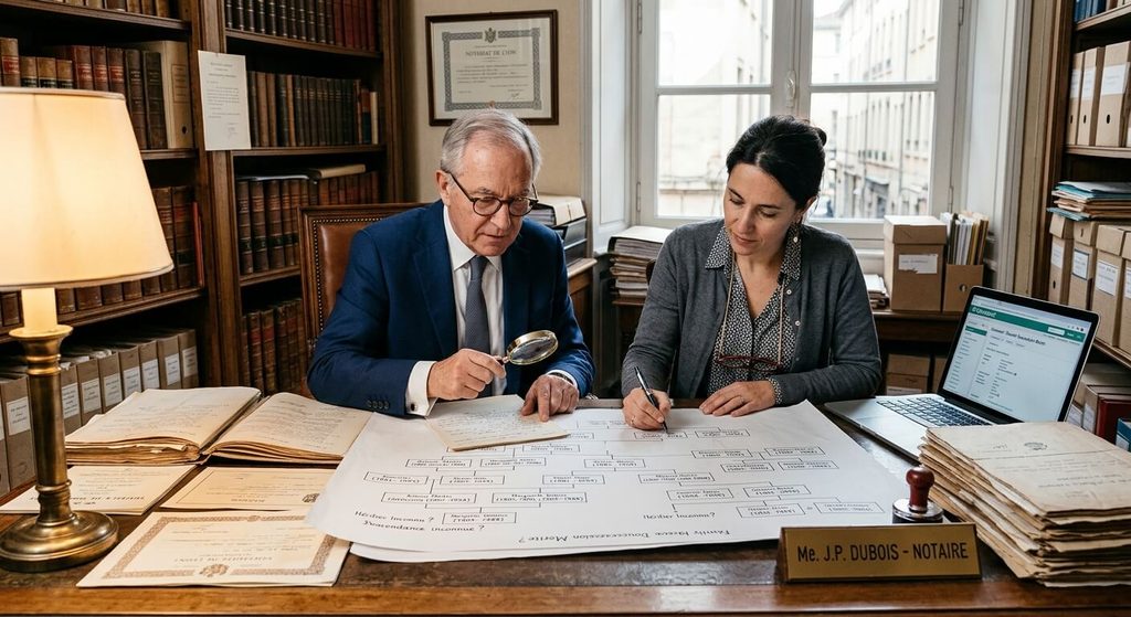 Notaire et généalogiste reconstituant un arbre généalogique pour retrouver un héritier inconnu.