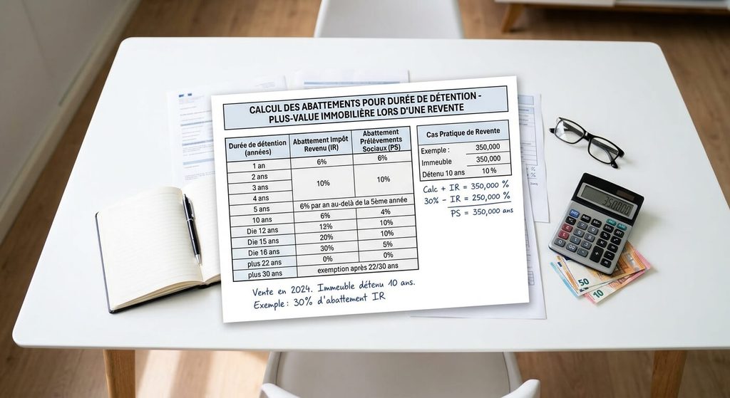 Calcul des abattements pour durée de détention sur la plus-value immobilière lors d'une revente.