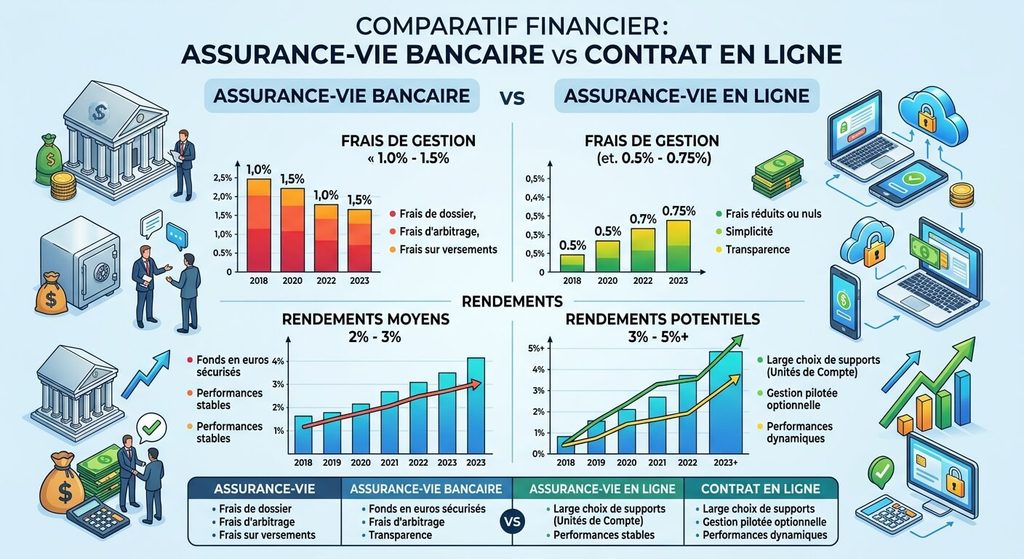 Faut-il garder l'assurance Nuance 3D ? Analyse du contrat, rendements et alternatives 3 Comparatif financier des frais de gestion et des rendements entre assurance-vie bancaire et contrat en ligne.