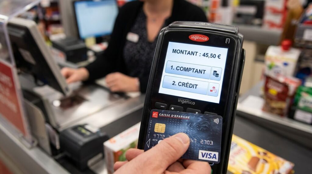 Carte bancaire Izicarte avec options de paiement au comptant ou à crédit affichées sur terminal.