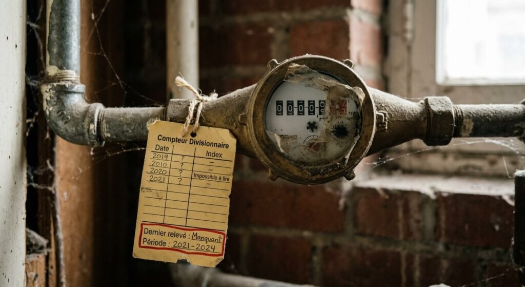 Pas de facture d'eau depuis 5 ans : prescription, règles et recours contre la régie 4 Compteur d'eau divisionnaire avec relevé des index manquant depuis plusieurs années.