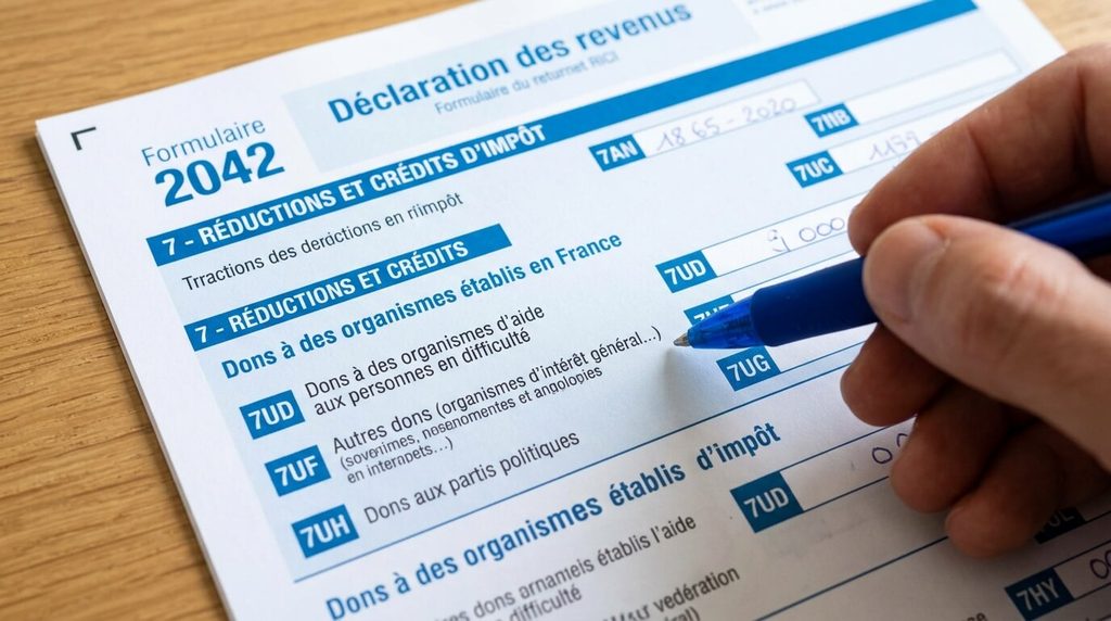 Formulaire de déclaration des revenus montrant les cases dédiées aux dons aux œuvres.