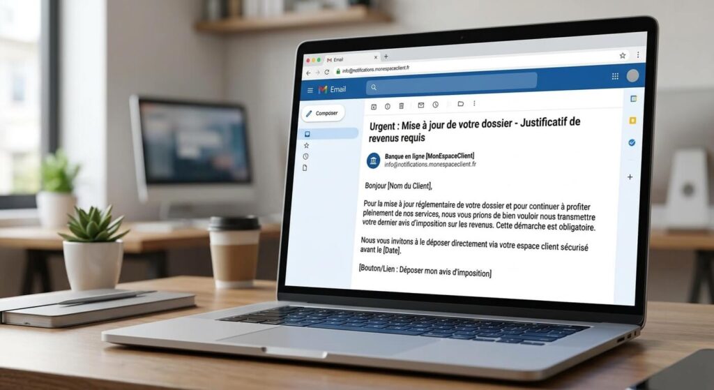 Message d'une banque en ligne réclamant le dépôt d'un avis d'imposition pour mise à jour du dossier.