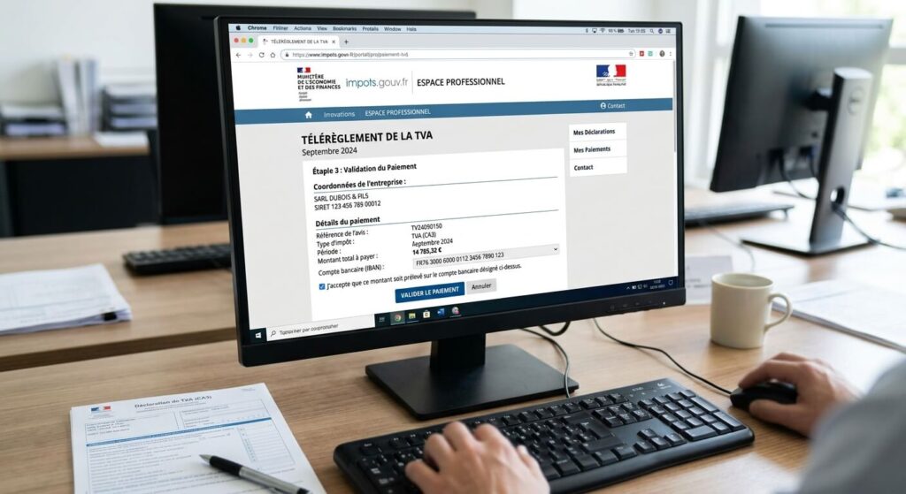 Prélèvement B2B DGFIP : ce que signifie cette ligne sur votre relevé 2 Écran de télérèglement de TVA sur l'espace professionnel du site impots.gouv.fr.
