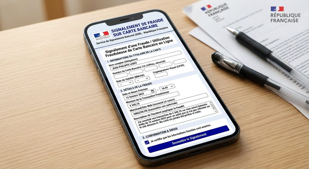 Formulaire officiel de signalement de fraude sur carte bancaire en ligne.