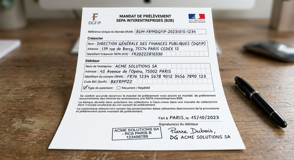 Prélèvement B2B DGFIP : ce que signifie cette ligne sur votre relevé 4 Mandat de prélèvement SEPA interentreprises B2B rempli et signé pour la DGFiP.