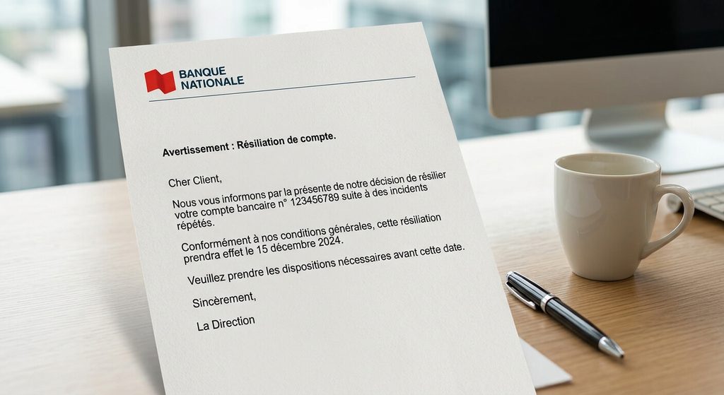 Courrier d'avertissement d'une banque informant son client d'une résiliation de compte.
