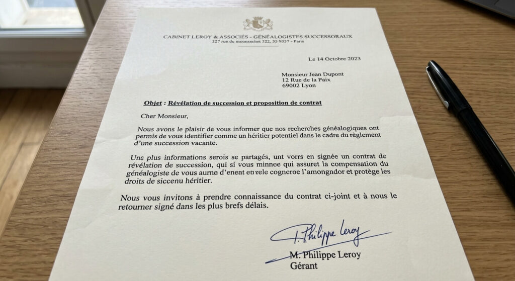 Courrier d'un cabinet de généalogie successorale invitant à signer un contrat de révélation de succession.