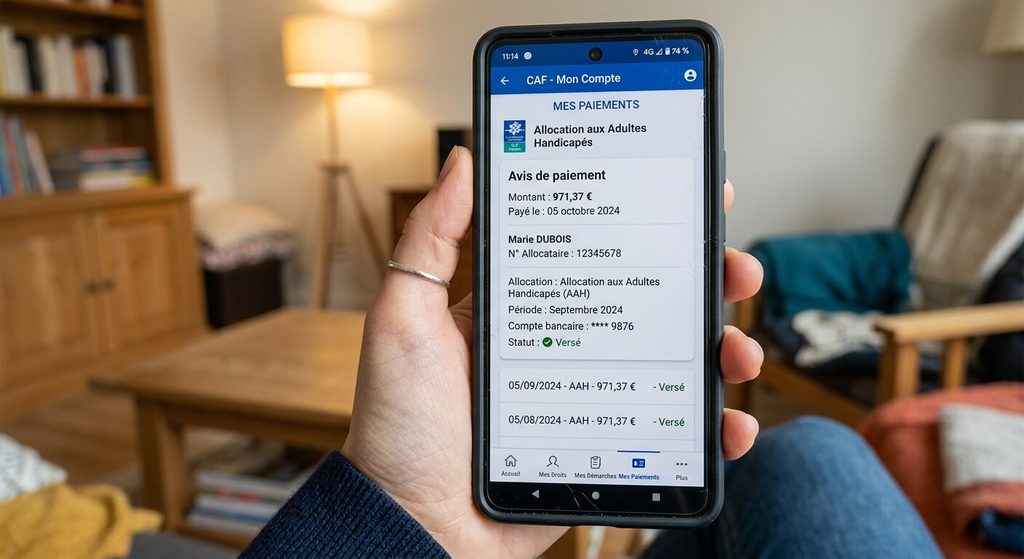 AAH à 1 600 euros en 2027 : rumeurs, propositions de loi et montants réels 3 Écran de smartphone affichant un avis de paiement de l'allocation aux adultes handicapés par la CAF.