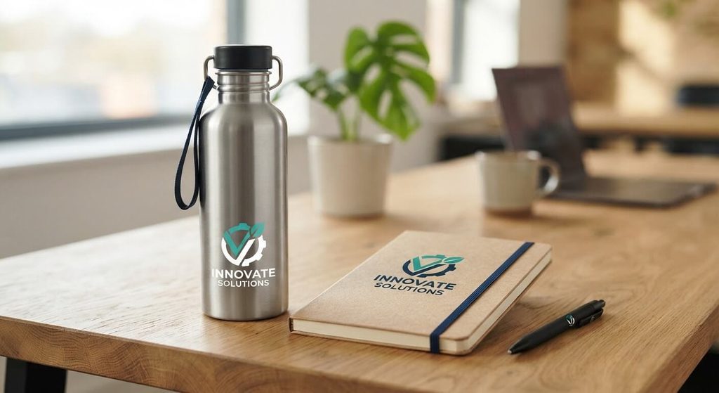Gourde en inox et carnet en papier recyclé personnalisés avec le logo d'une entreprise.