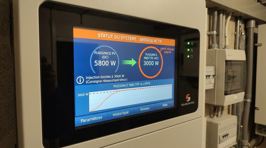 Écrêtement : définition selon le domaine 4 Écran de contrôle d'un onduleur photovoltaïque bridant la puissance injectée sur le réseau électrique.