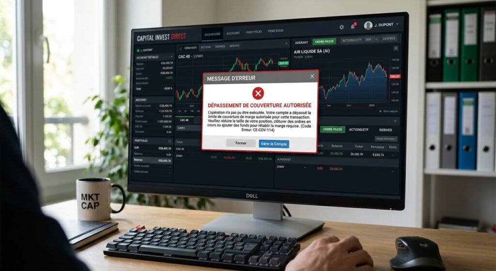 Vous dépassez votre couverture autorisée : que faire ? 2 Message d'erreur sur une plateforme de courtage en ligne indiquant le dépassement de couverture autorisée.