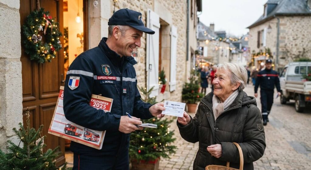 Sapeur-pompier remettant un reçu pour un don lors de la tournée de fin d'année.