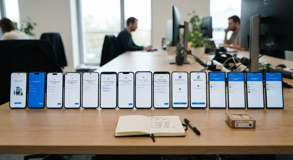 Alignement de smartphones professionnels neufs en cours de configuration et d'attribution sur un bureau.