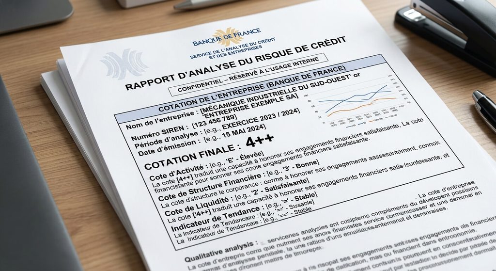Rapport d'analyse du risque de crédit affichant la cotation d'une entreprise à la Banque de France.