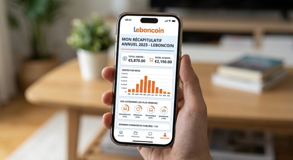 J'ai vendu plus de 3000 euros sur Leboncoin : dois-je le déclarer aux impôts ? 2 Écran de smartphone affichant le récapitulatif annuel des transactions et ventes sur Leboncoin.