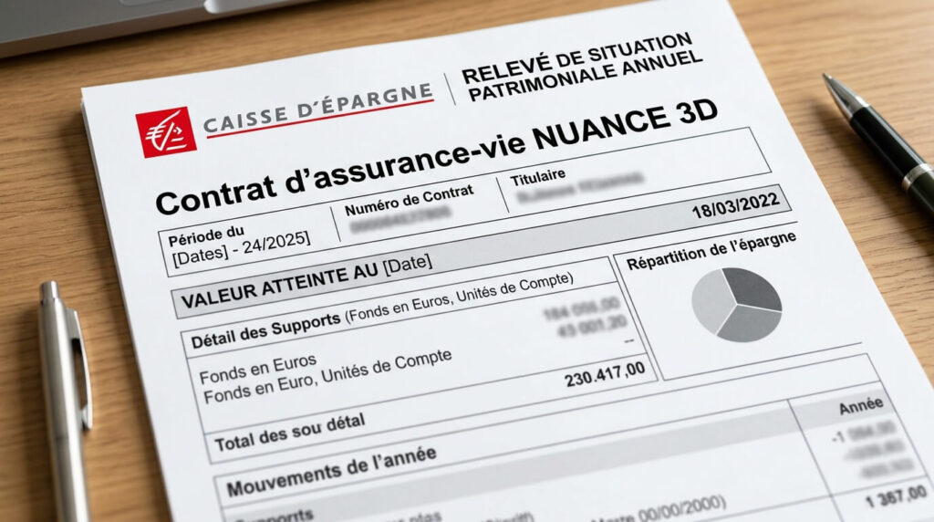 Faut-il garder l'assurance Nuance 3D ? Analyse du contrat, rendements et alternatives 2 Relevé de situation patrimoniale annuel d'un contrat d'assurance-vie Nuance 3D de la Caisse d'Épargne.