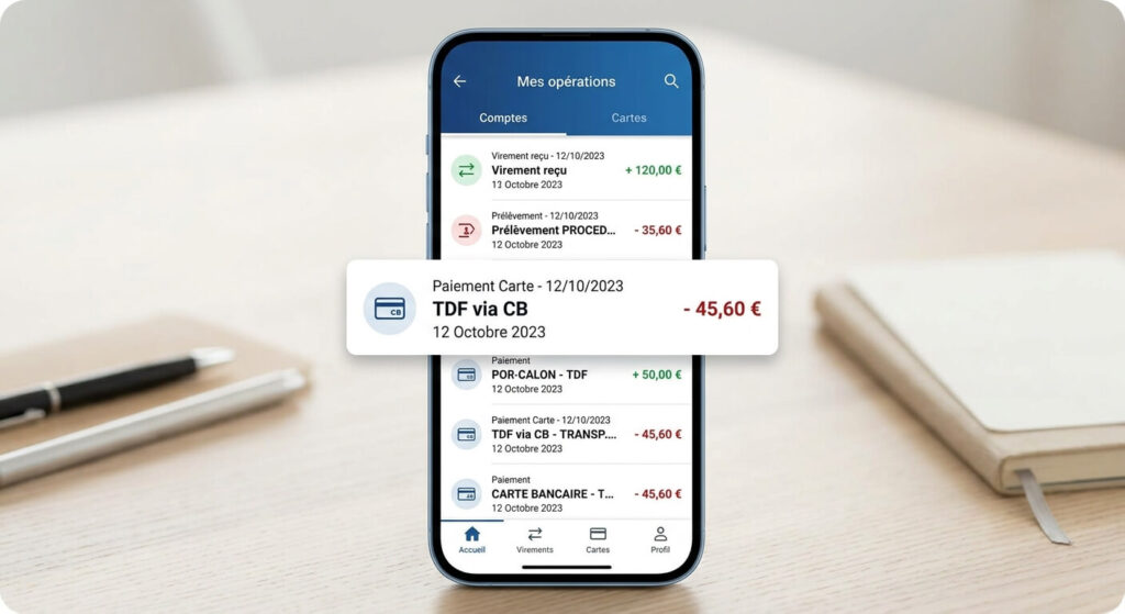 Écran d'application bancaire montrant une ligne de débit carte libellée TDF émis via CB.
