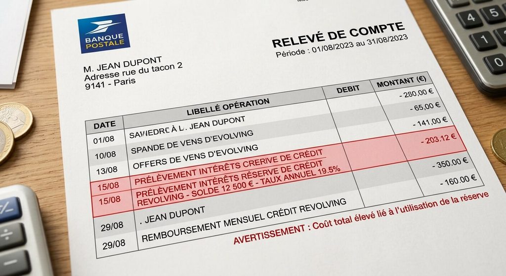 Relevé bancaire montrant le prélèvement d'intérêts élevés liés à une réserve de crédit revolving.