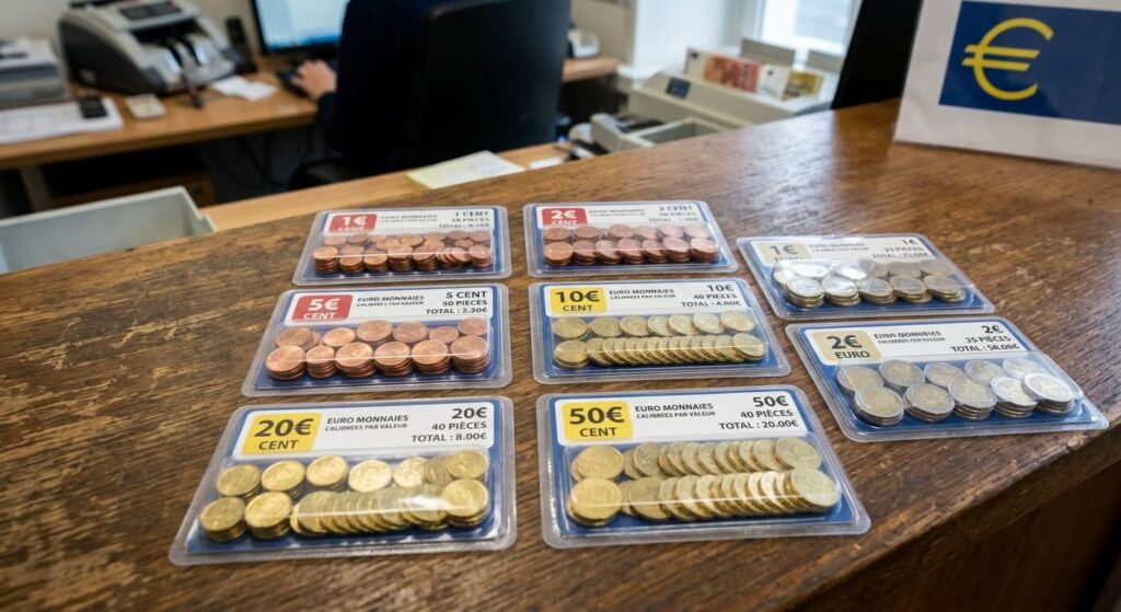 Blisters en plastique transparent remplis de pièces d'euros calibrées par valeur faciale.