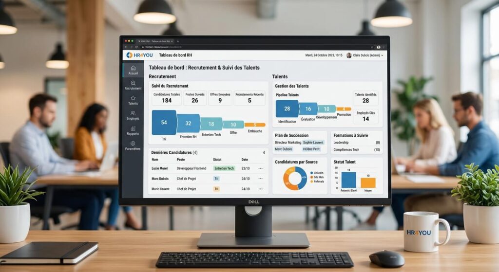 HR4YOU : présentation du logiciel RH et où trouver de vrais avis 2 Interface du tableau de bord RH du logiciel HR4YOU affichant le suivi du recrutement et des talents.