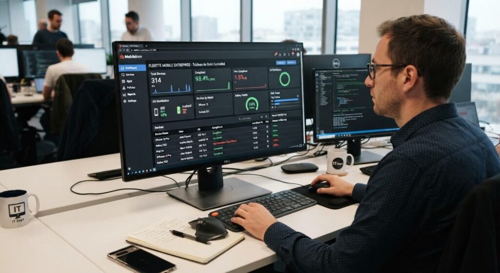 Écran d'ordinateur d'un responsable IT affichant la console de gestion centralisée d'un parc de smartphones d'entreprise.