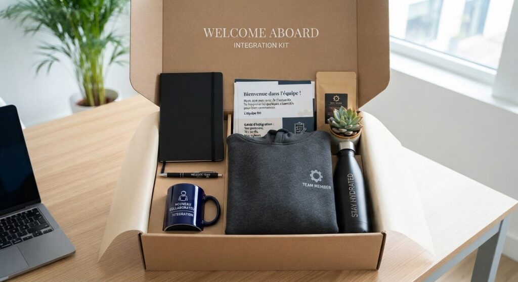 Coffret d'intégration d'entreprise contenant des objets publicitaires écoresponsables pour un nouveau collaborateur.