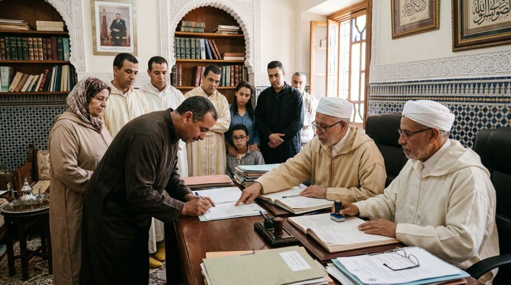Transfert d’héritage du Maroc vers la France : démarches, documents et fiscalité 2 Signature d'un acte notarié de succession immobilière devant un adoul au Maroc.