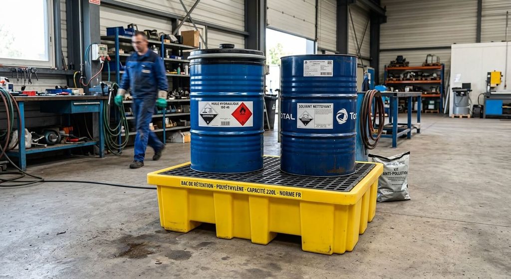Bac de rétention jaune en polyéthylène placé sous des fûts industriels pour prévenir les fuites de liquides polluants en atelier.