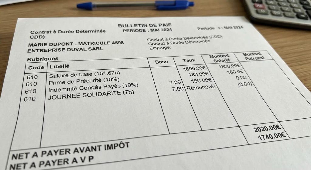 Ligne de bulletin de salaire d'un employé en contrat à durée déterminée mentionnant la journée de solidarité.