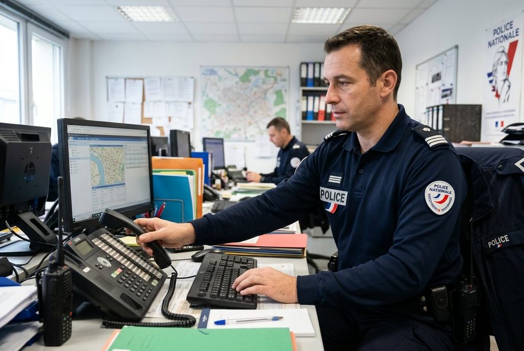 Policier national en uniforme décrochant un standard téléphonique dans un commissariat.
