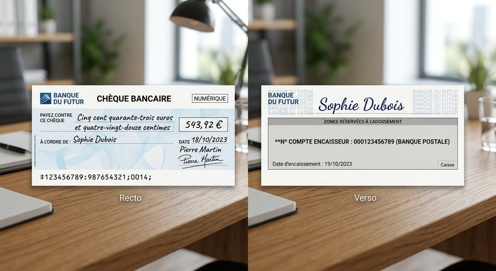 Image chèque numérique recto verso révélant la signature et le numéro de compte de l'encaisseur.