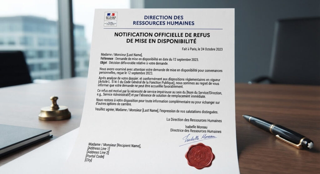 Notification officielle de refus de mise en disponibilité émise par une direction des ressources humaines.