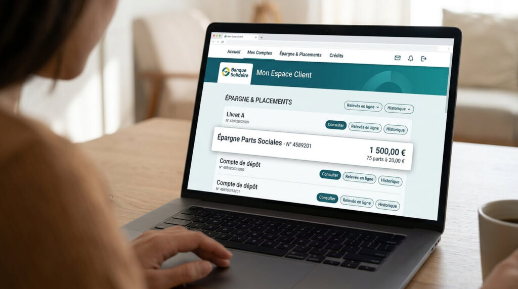 Consultation en ligne d'une ligne d'épargne de parts sociales sur un relevé de compte bancaire.