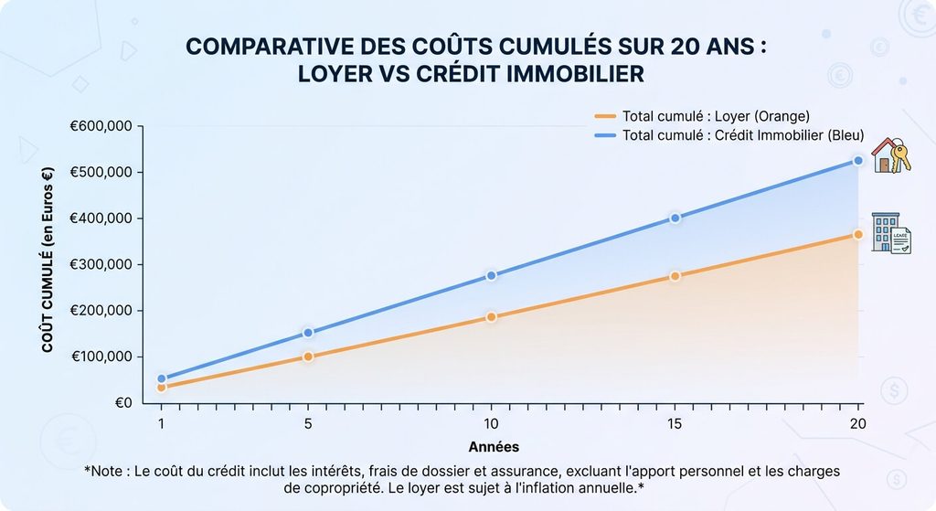 Graphique financier comparant le coût d'un loyer et d'un crédit immobilier sur vingt ans.