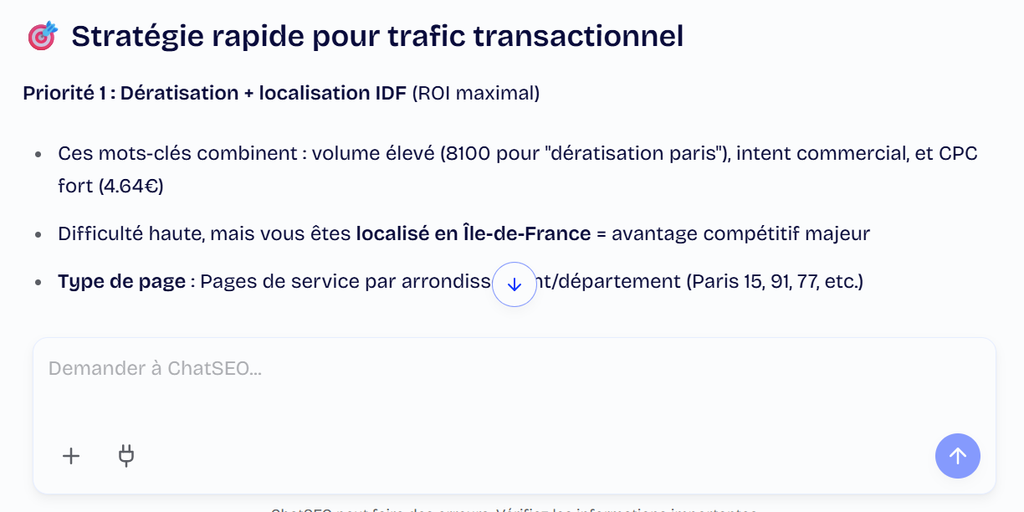 Interface de chat ChatSEO affichant une stratégie SEO rapide en points clés