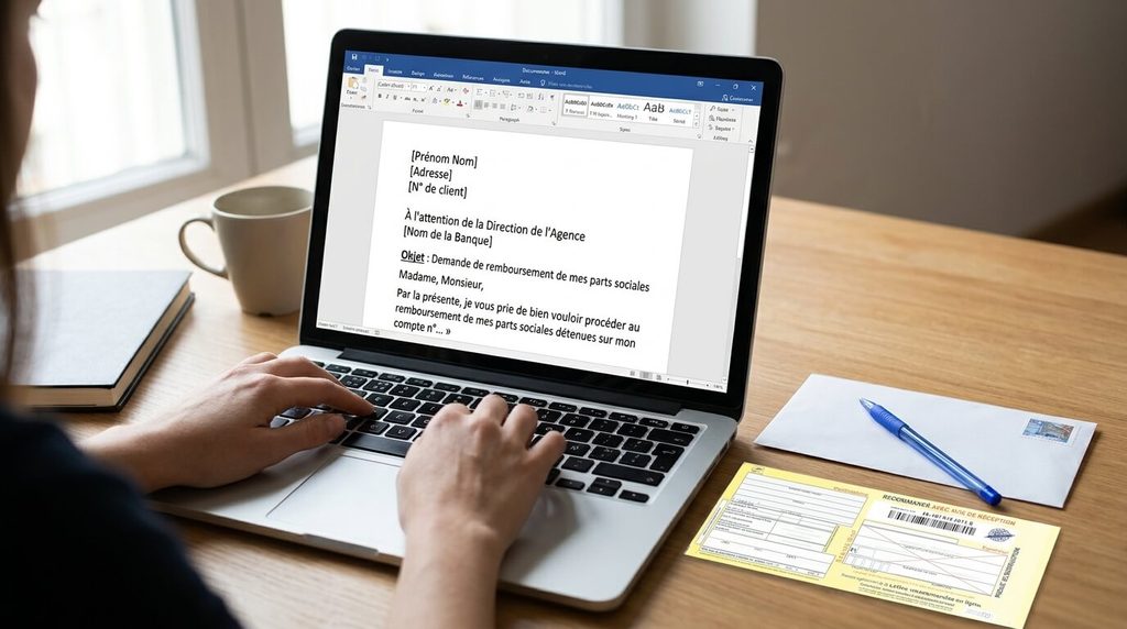 Rédaction d'un courrier recommandé de demande de remboursement de parts sociales bancaires.