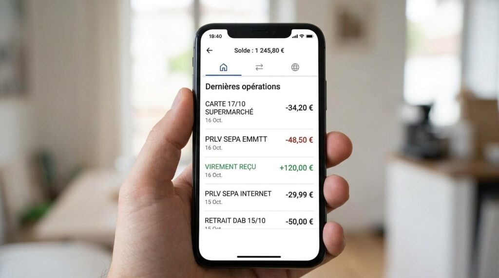 Ligne de débit bancaire affichant l'intitulé SEPA EMMTT sur une application bancaire mobile.