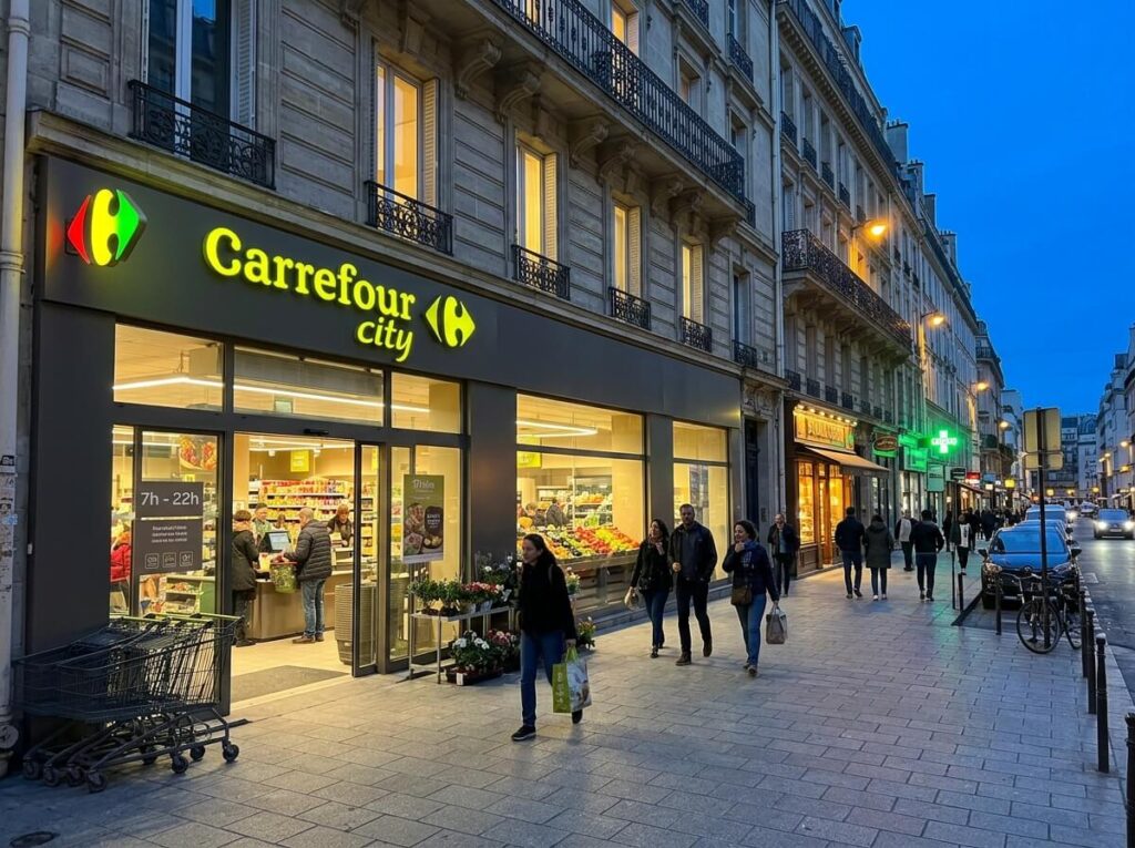 Façade d'un magasin de proximité Carrefour City éclairé en début de soirée dans une rue commerçante.